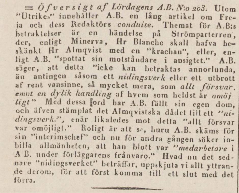 Notis ur Svenska biet om händelsen då Blanche spottade Almqvist i ansiktet på Strömparterren.