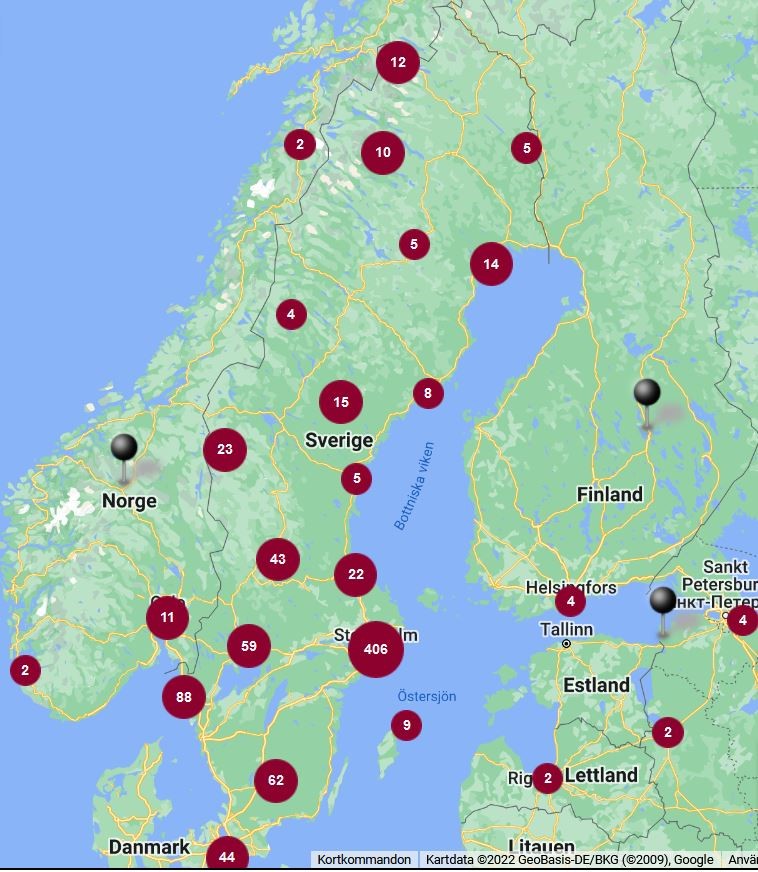 En karta över länderna kring Östersjön med röda prickar på olika orter där det finns inspelat filmmaterial