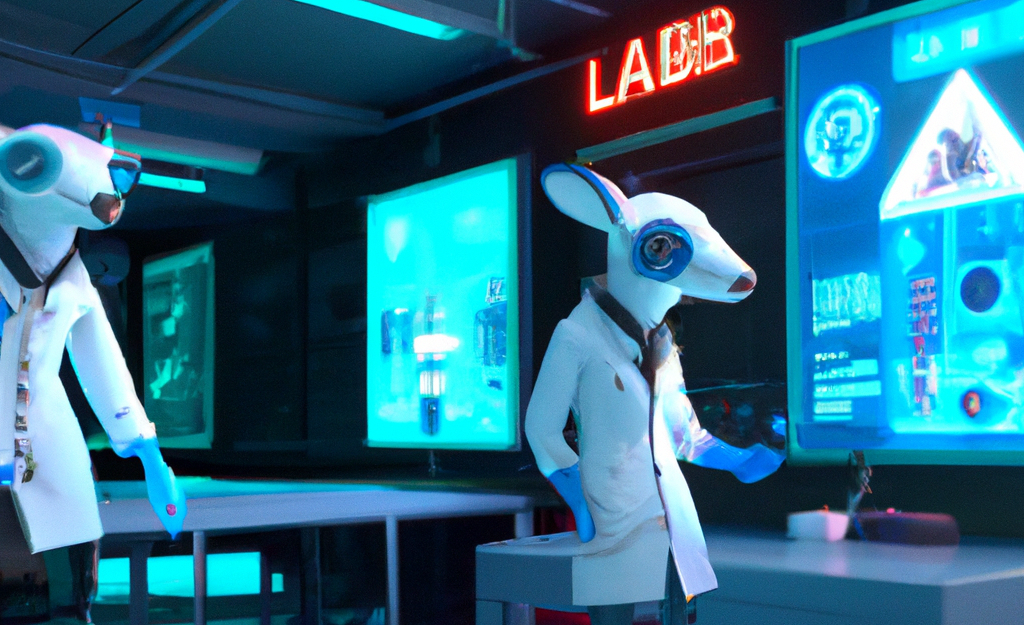 Futuristisk illustration av kaniner o labbrockar och en röd neonskylt med texten Labb.