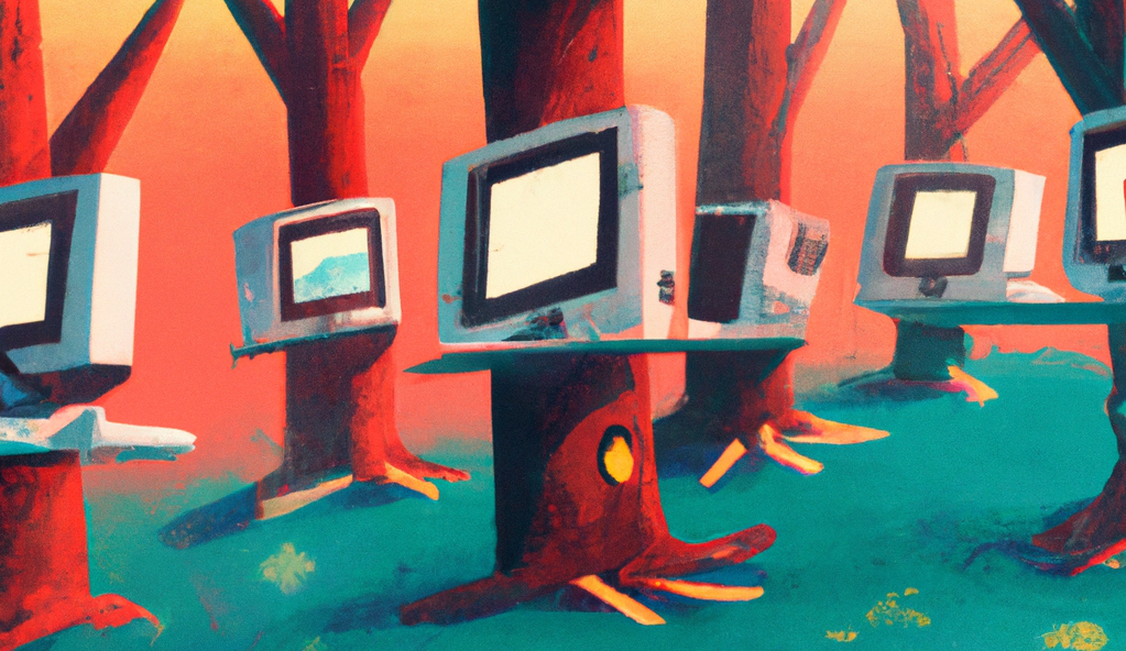 Illustration av trädstammar med datorer på.