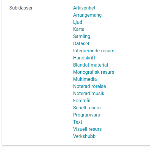 Skärmbild från tjänsten id.kb.se som visar subklasser för Verk.