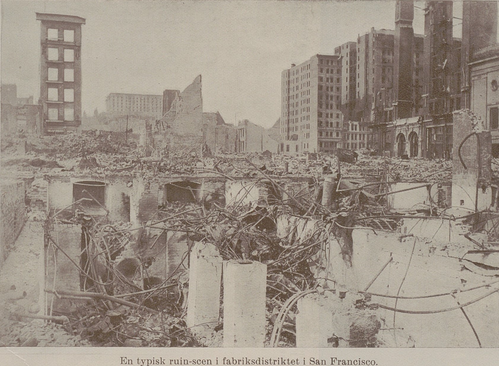 Fotografi av ruiner i San Francisco efter den stora jordbävningen. 