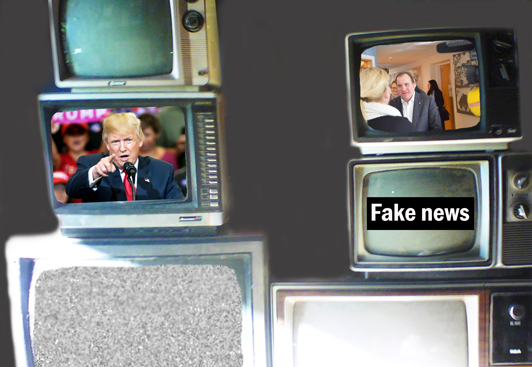 Kollage av sex tv-apparater med inklippta bilder av Donald Trump, Stefan Löfven, myrornas krig och en textrad med orden Fake news. 