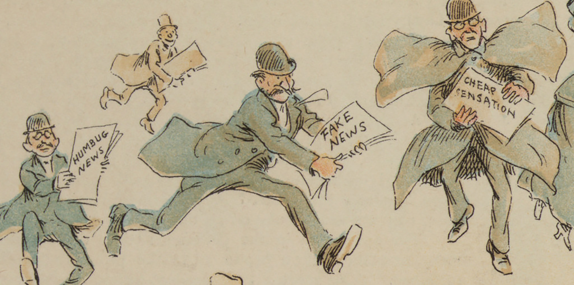 Fyra tecknade män med tidningar som visar rubriker som fake news och humbug news. 