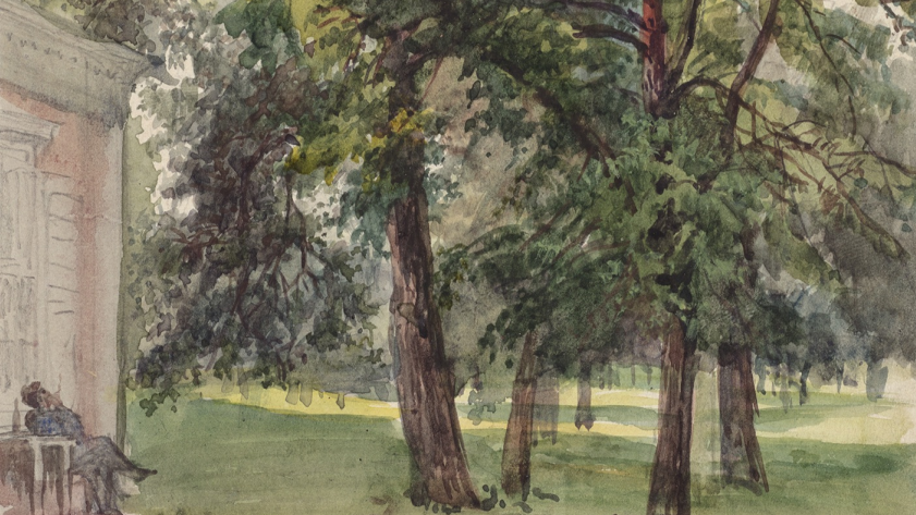 Målning av en man som blickar ut över en park.