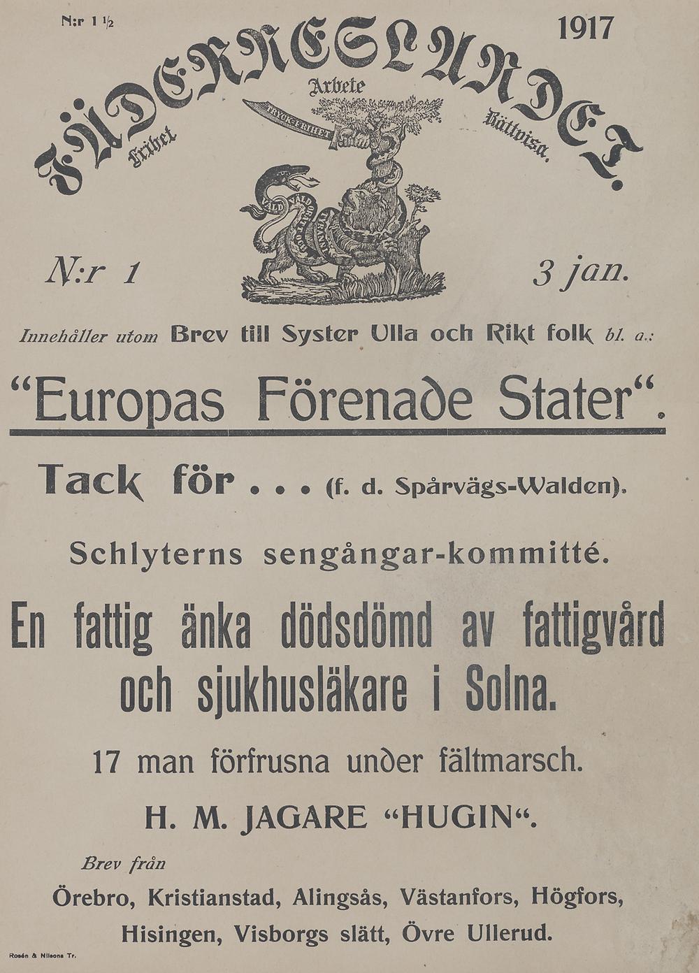 Gulnad löpsedel som rapporterar om flera olika händelser. Tidningstiteln Fäderneslandet är skriven i frakturstil, resten är skrivet med modernare typsnitt.