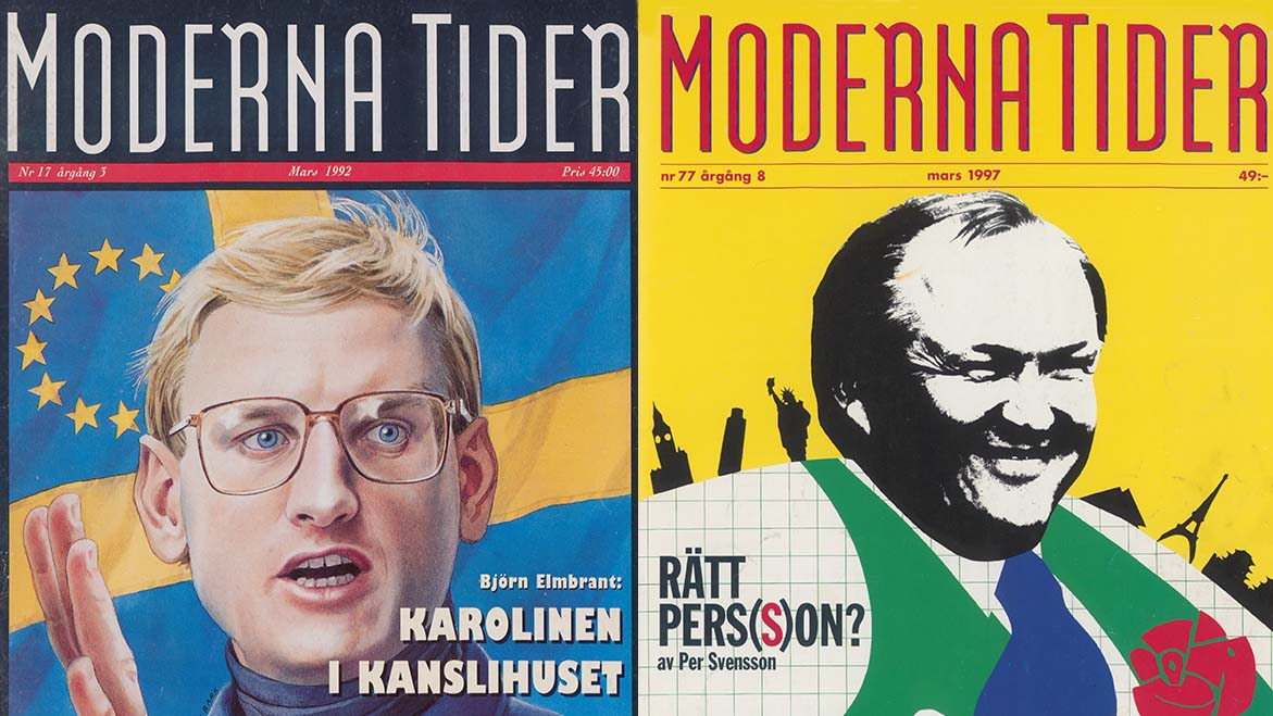 Två tidskriftsomslag med rubriken "Moderna Tider". Det ena visar Carl Bildt i blå kläder, den andra Göran Persson mot gul bakgrund.