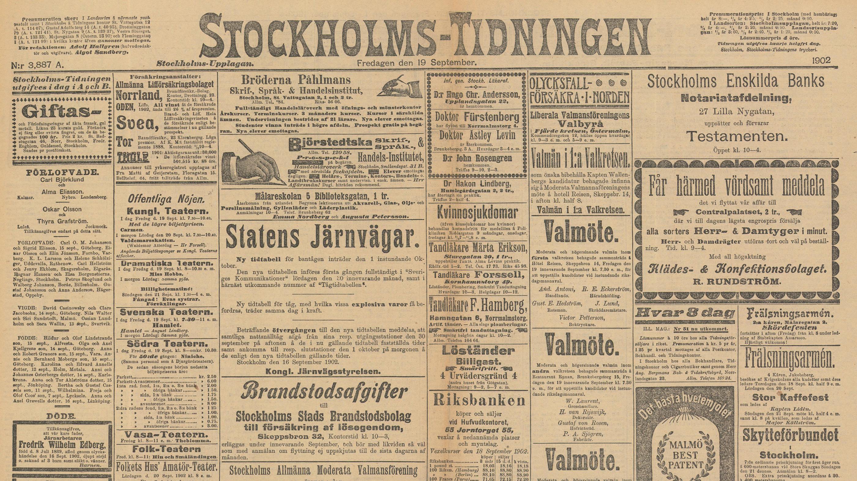 Framsidan av Stockholmstidningen 19 september 1892. Ett gulnat blad med olika artiklar och reklamannonser.