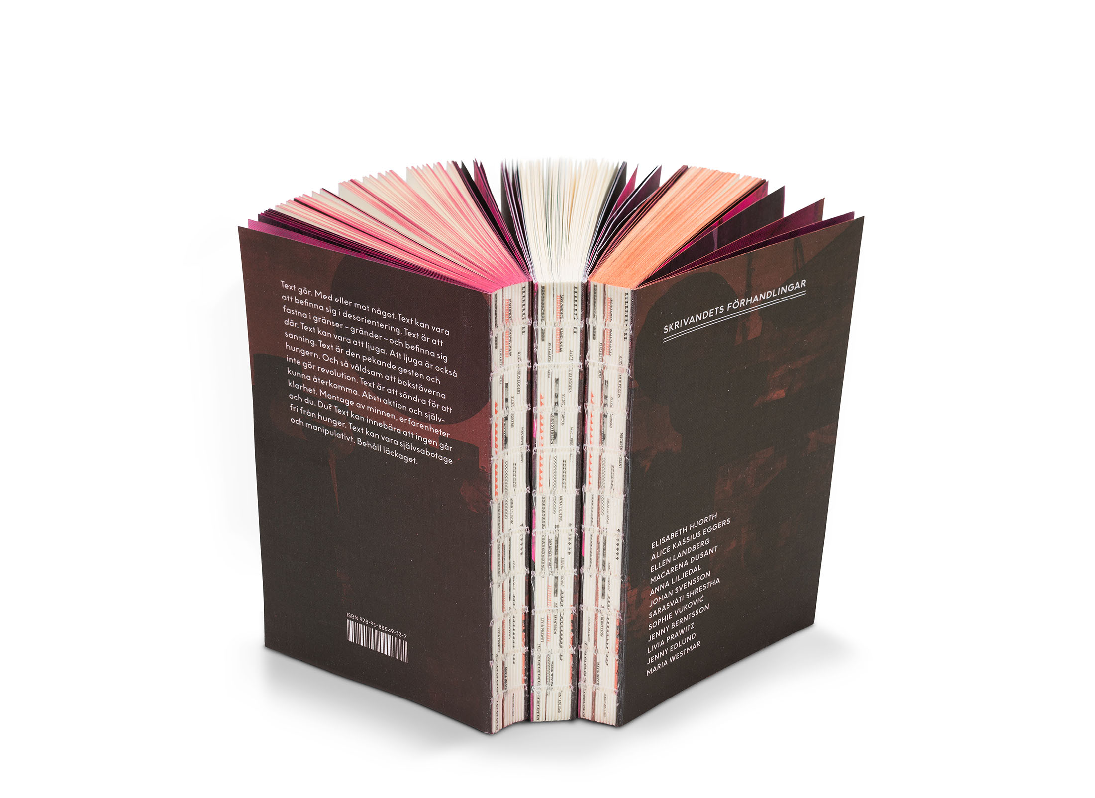 En bok i mörka färger med inslag av rosa på sidorna. Den står upp och är uppslagen så att sidorna spretar.