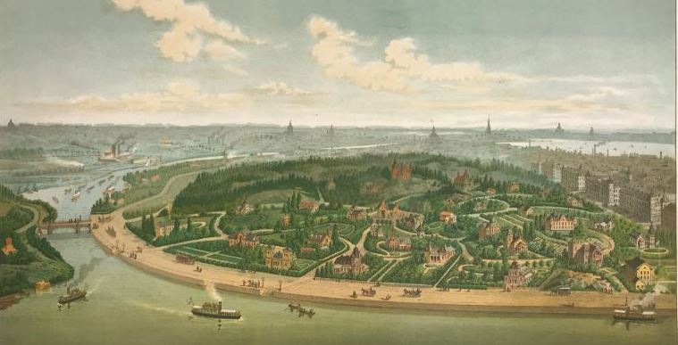 Litografi av den planerade Hornsberg villastad. Ett grönt landskap med villor på stora tomter.