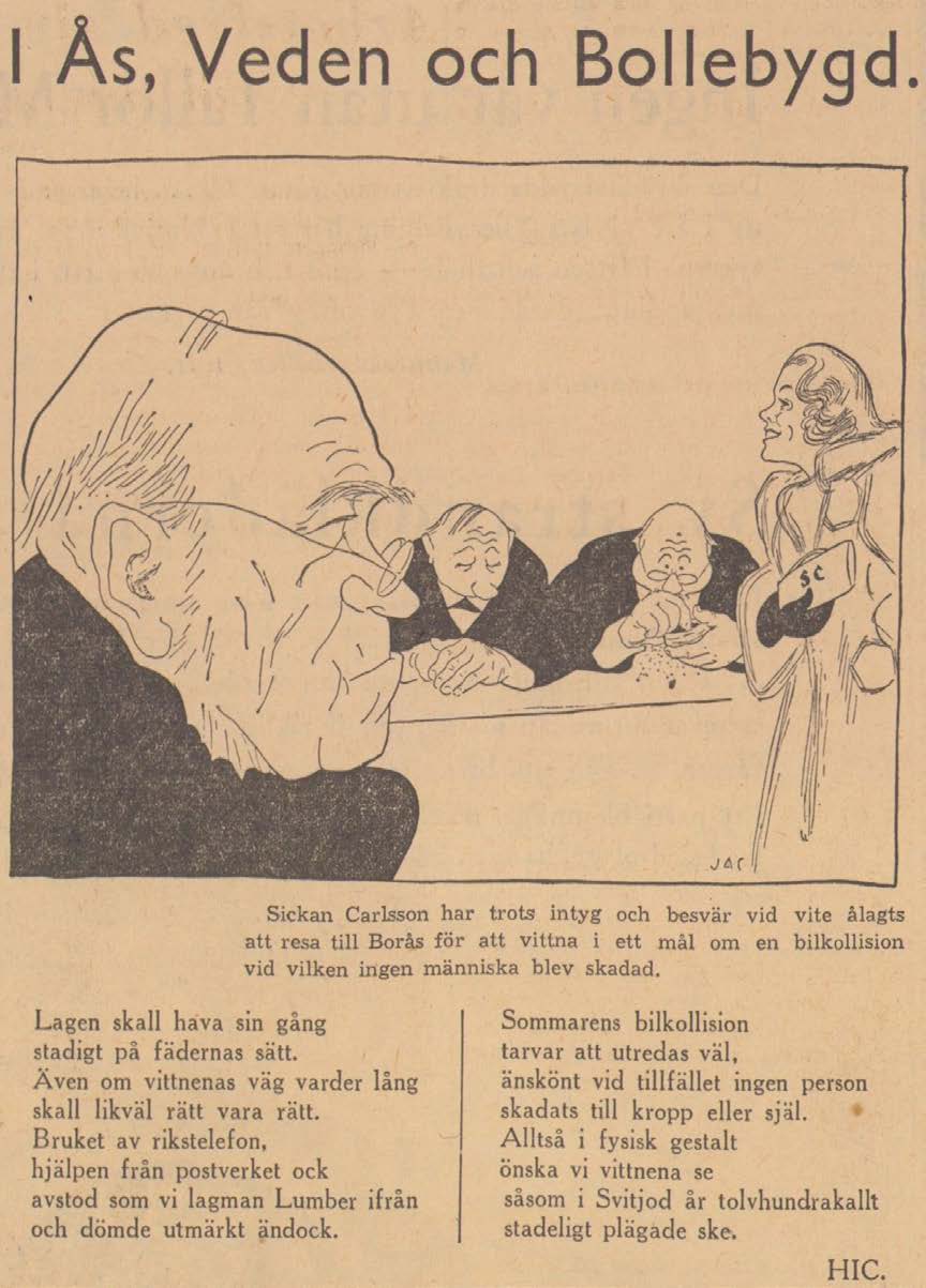 Skämtteckning i tidning av en leende kvinna och tre manliga domare.