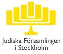 Logotyp för judiska församlingen i Stockholm. En menora, ljusstake, i gult.