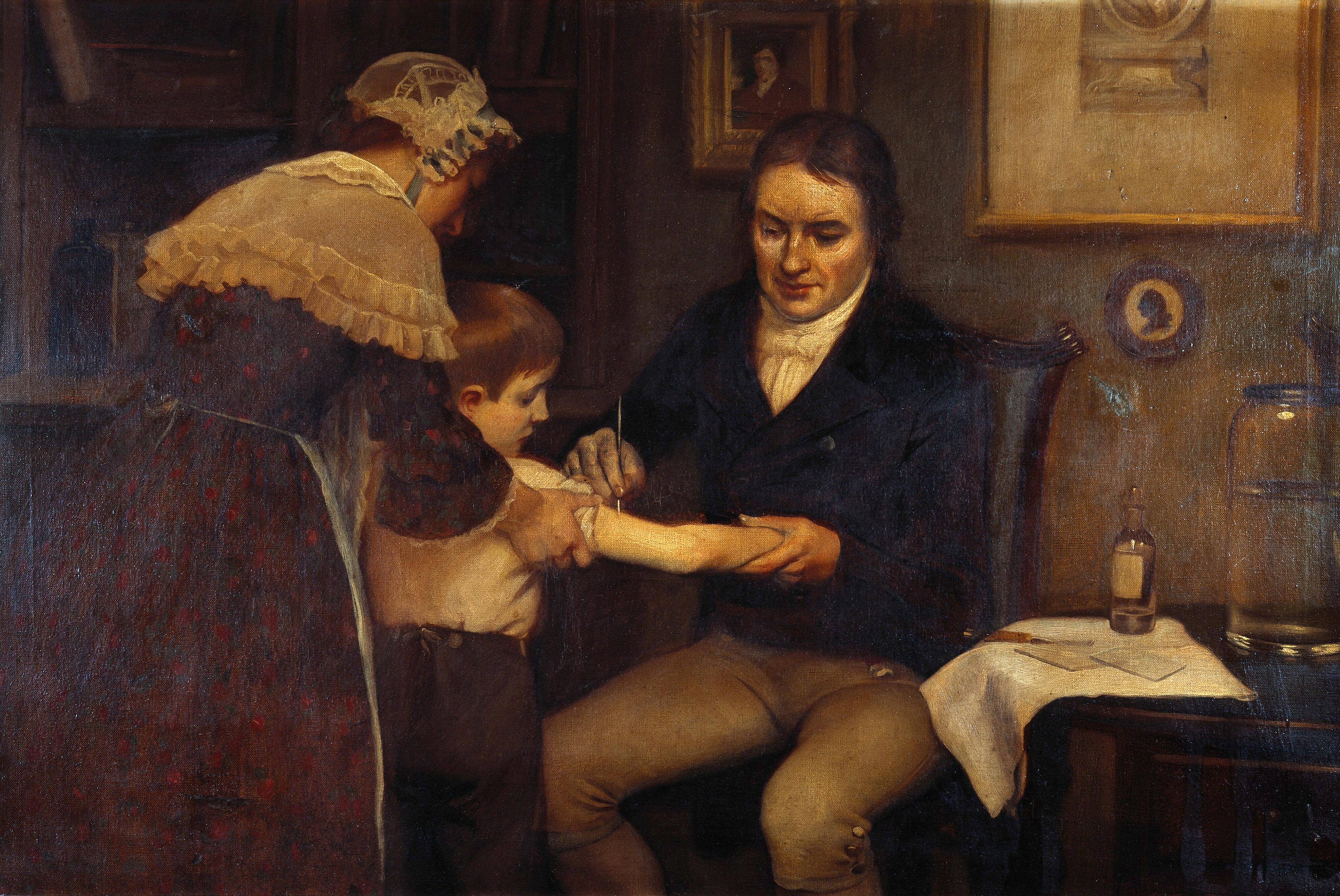 Tavla där pojke i mitten får armen rispad av sittande läkare till höger medan en kvinna till vänster håller i honom.