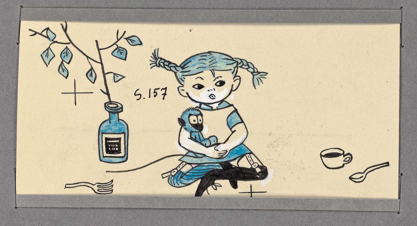 Svartvit teckning färglagd med blått föreställande Pippi Långstrump som sitter på ett golv med sin apa i knät.