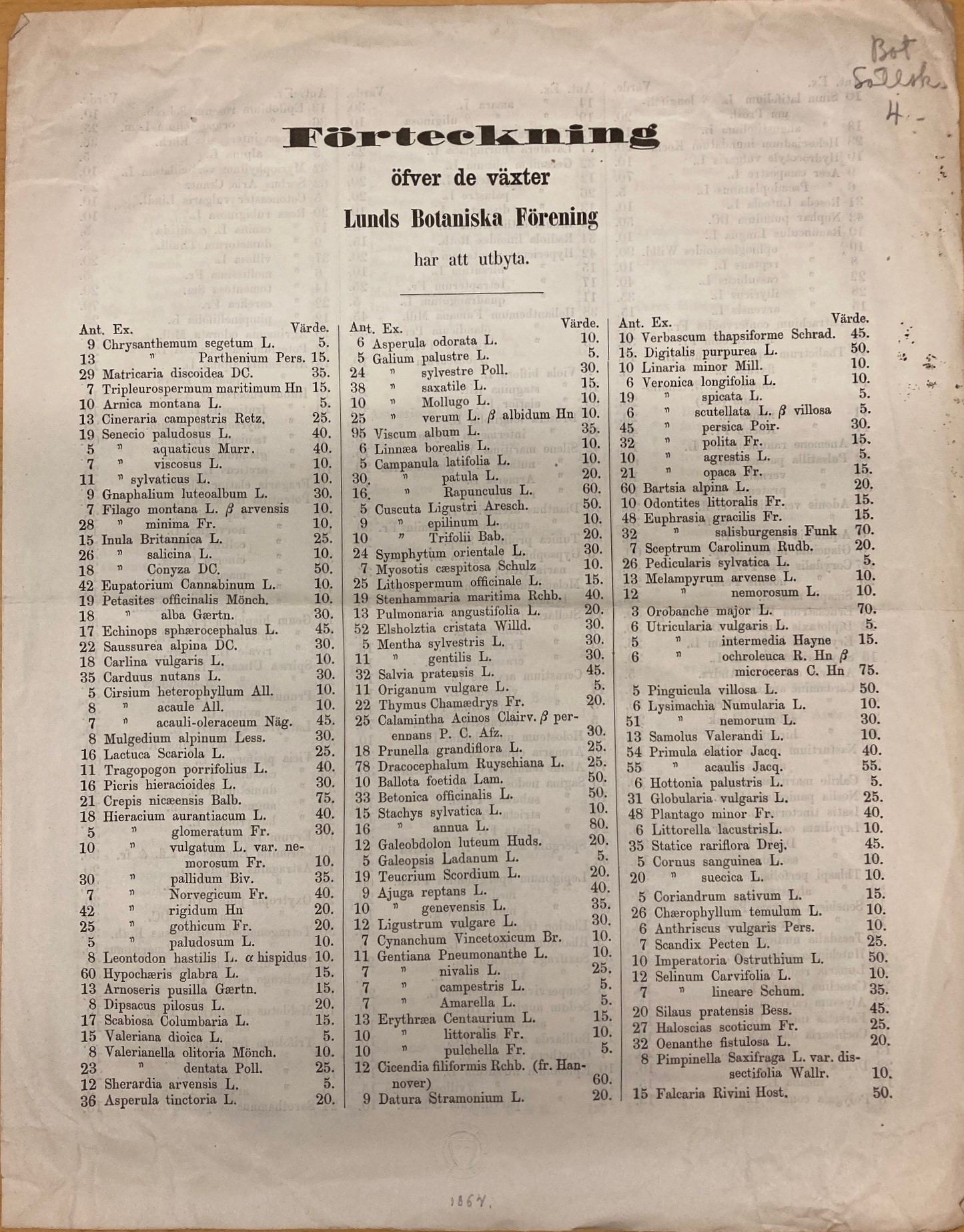 Förteckning över "de växter Lunds botaniska förening har att utbyta" 1864.