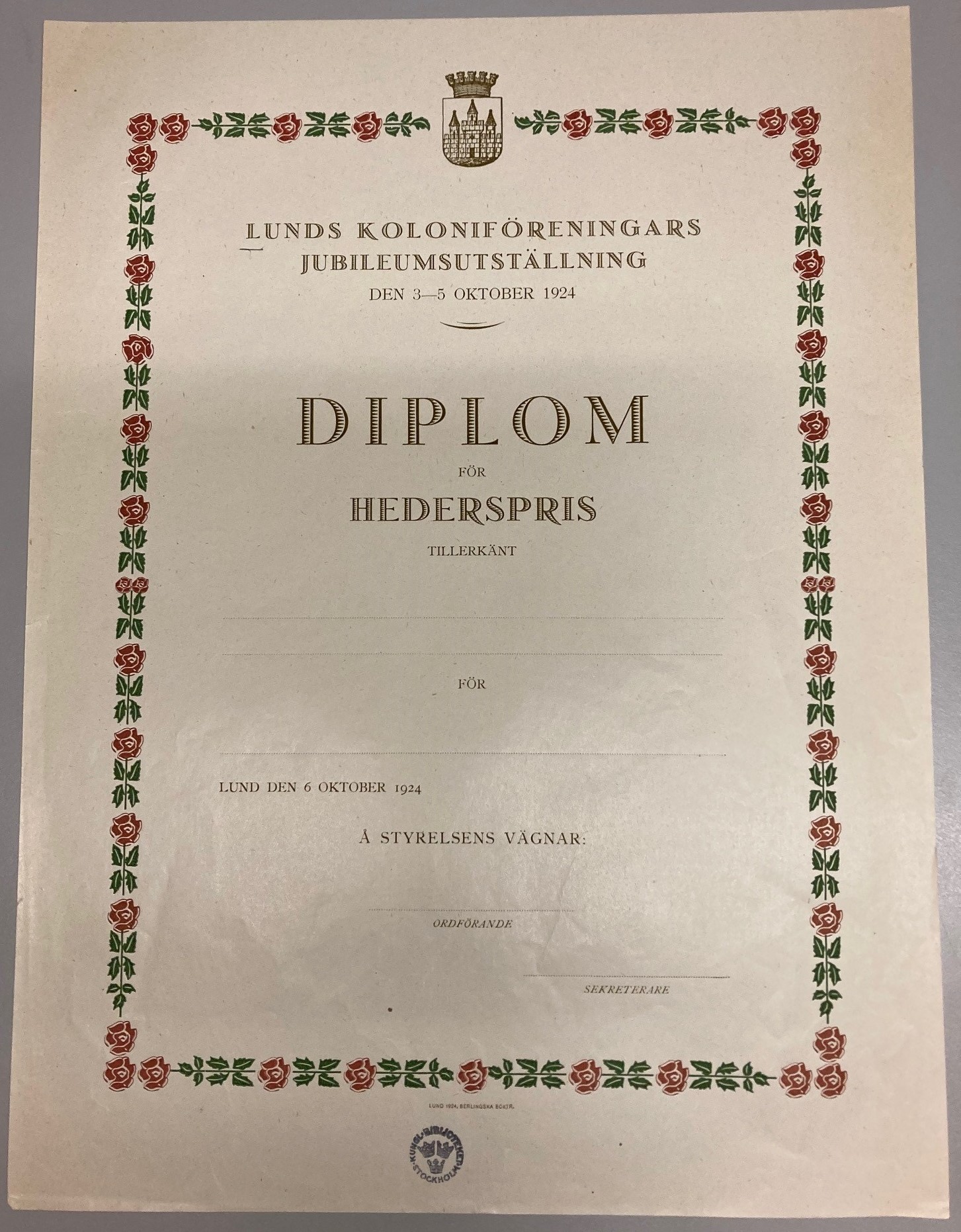 Diplom från 1924.