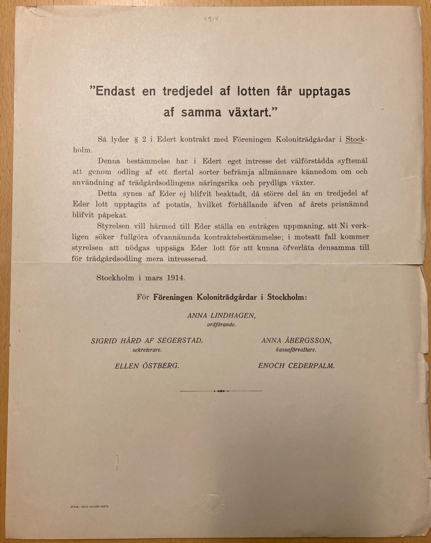Brev från Föreningen Koloniträdgårdar i Stockholm 1914.