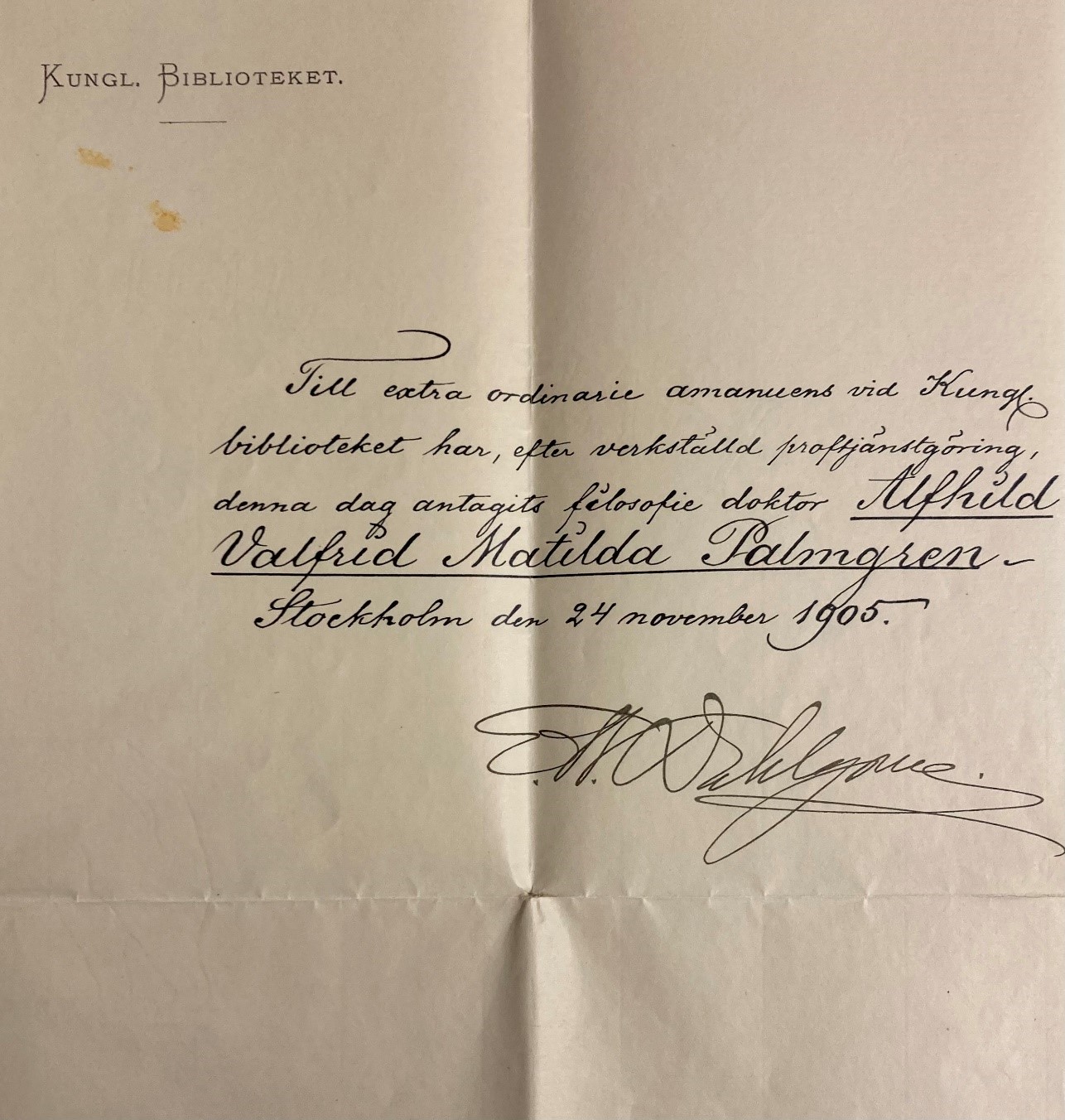 Valfrid Palmgrens anställningsbevis.