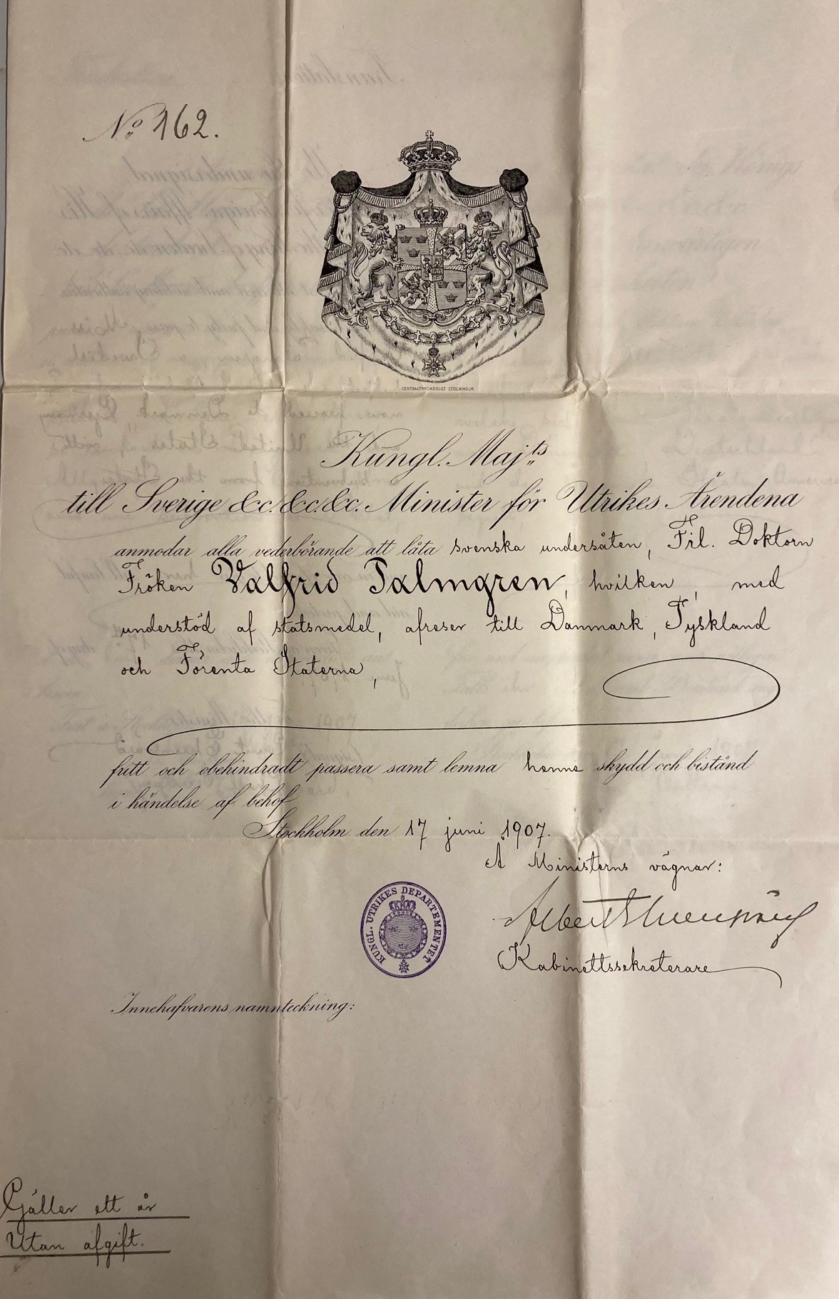 Valfrid Palmgrens rekommendationsbrev från Utrikesdepartementet.