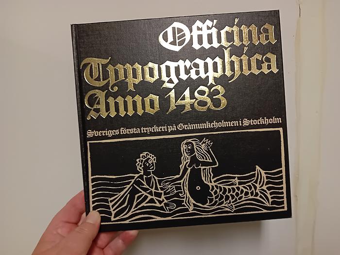 En bok med svart omslag, Text i guld och test och figur i vitt.