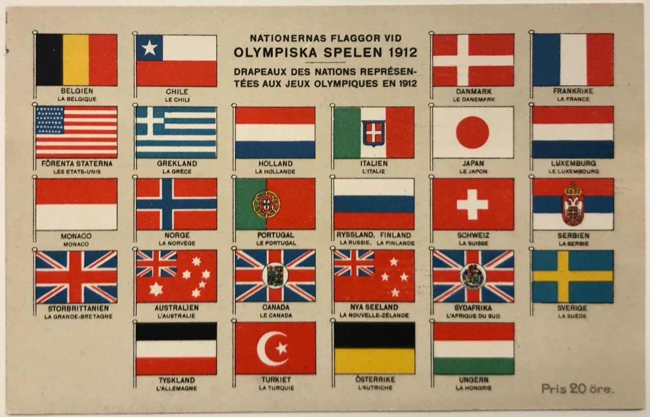 Vykort i färg med 26 nationers flaggor: Belgien, Chile, Danmark, Frankrike, Förenta staterna, Grekland, Holland, Italien, Japan, Luxemburg, Monaco, Norge, Portugal, Ryssland / Finland, Schweiz, Serbien, Storbritannien, Australien, Kanada, Nya Zeeland, Sydafrika, Sverige, Tyskland, Turkiet, Österrike och Ungern.