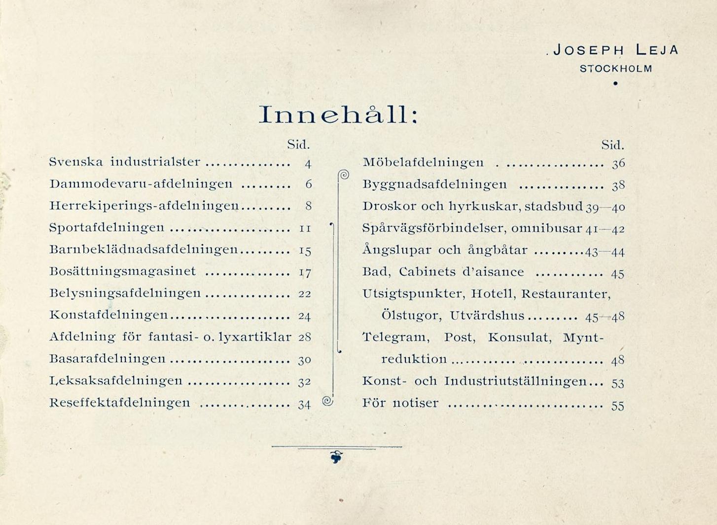 Innehållsförteckning bestående av tryckt blåtonad text i två spalter med sidhänvisningar.