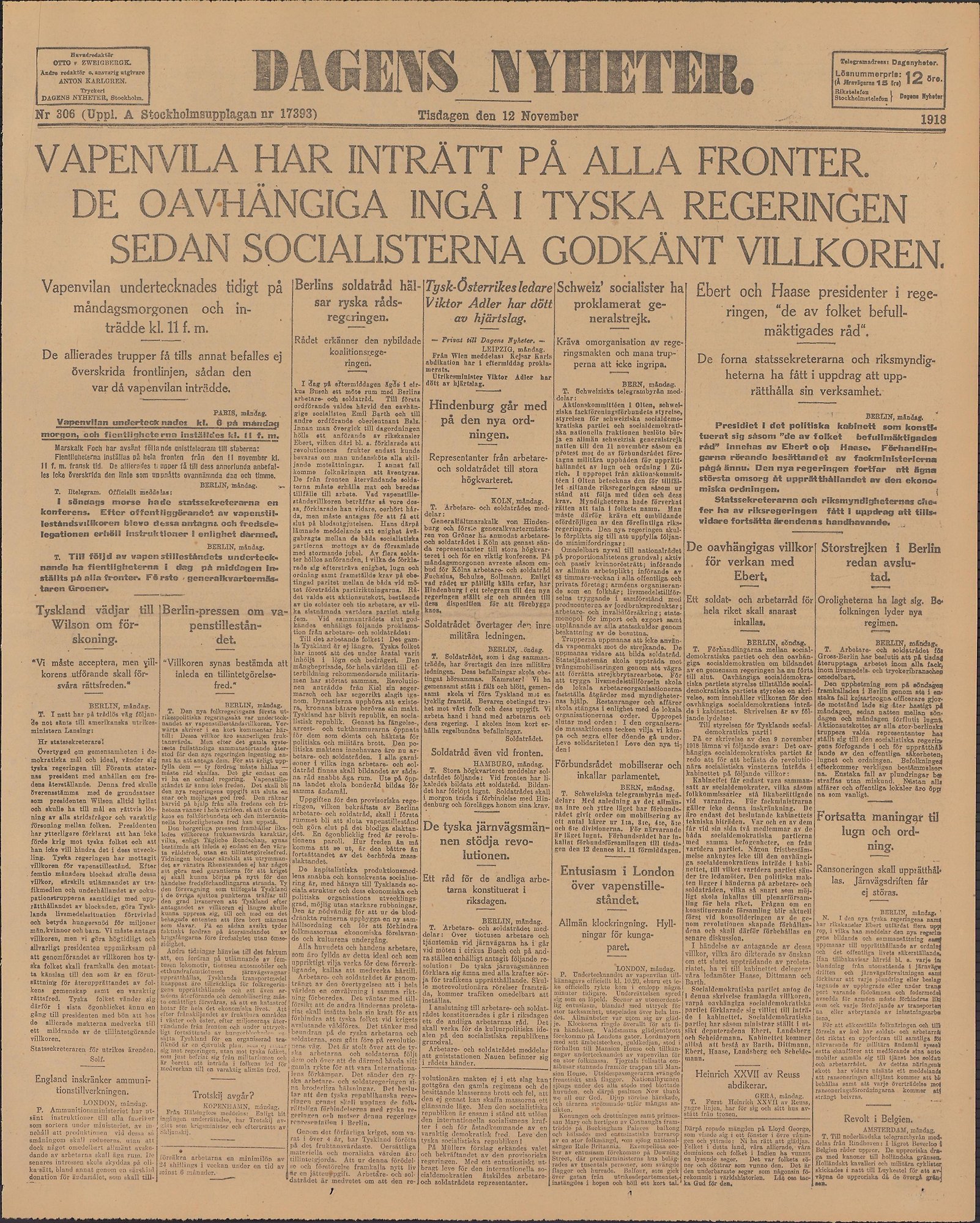 Löpsedel i DN vid freden 1918.