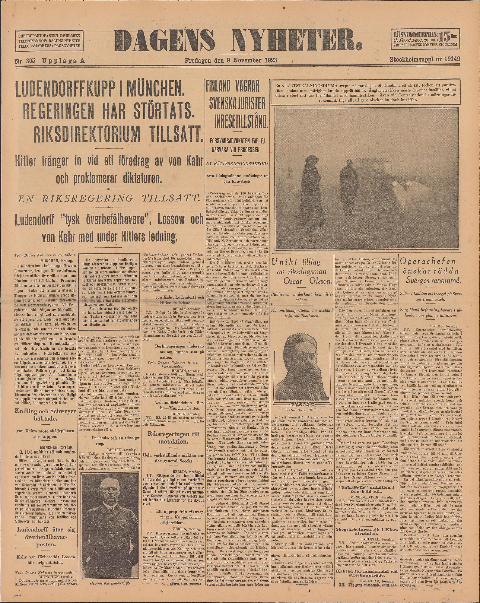 Löpsedel som beskriver ölkällarkuppen 1923.