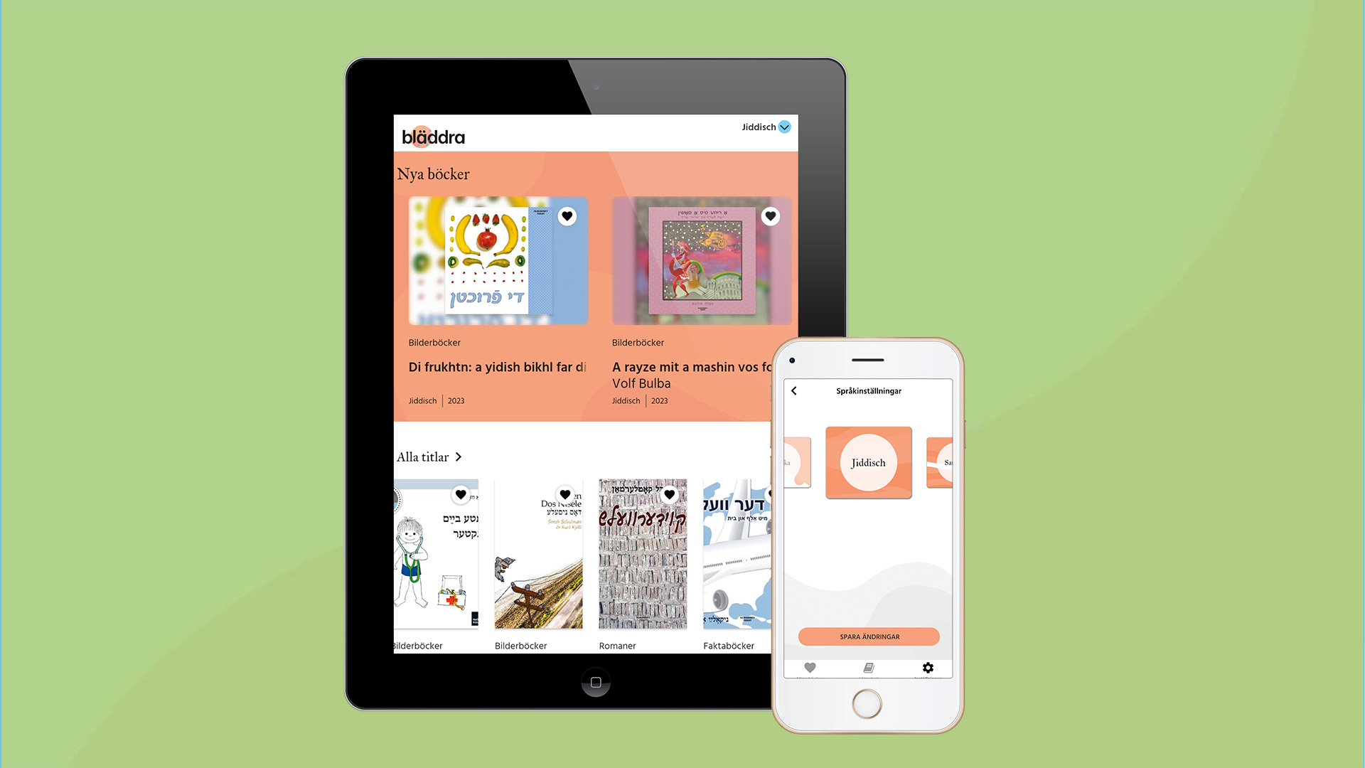 Ipad och telefon med böcker på jiddisch i KB:s app Bläddra.