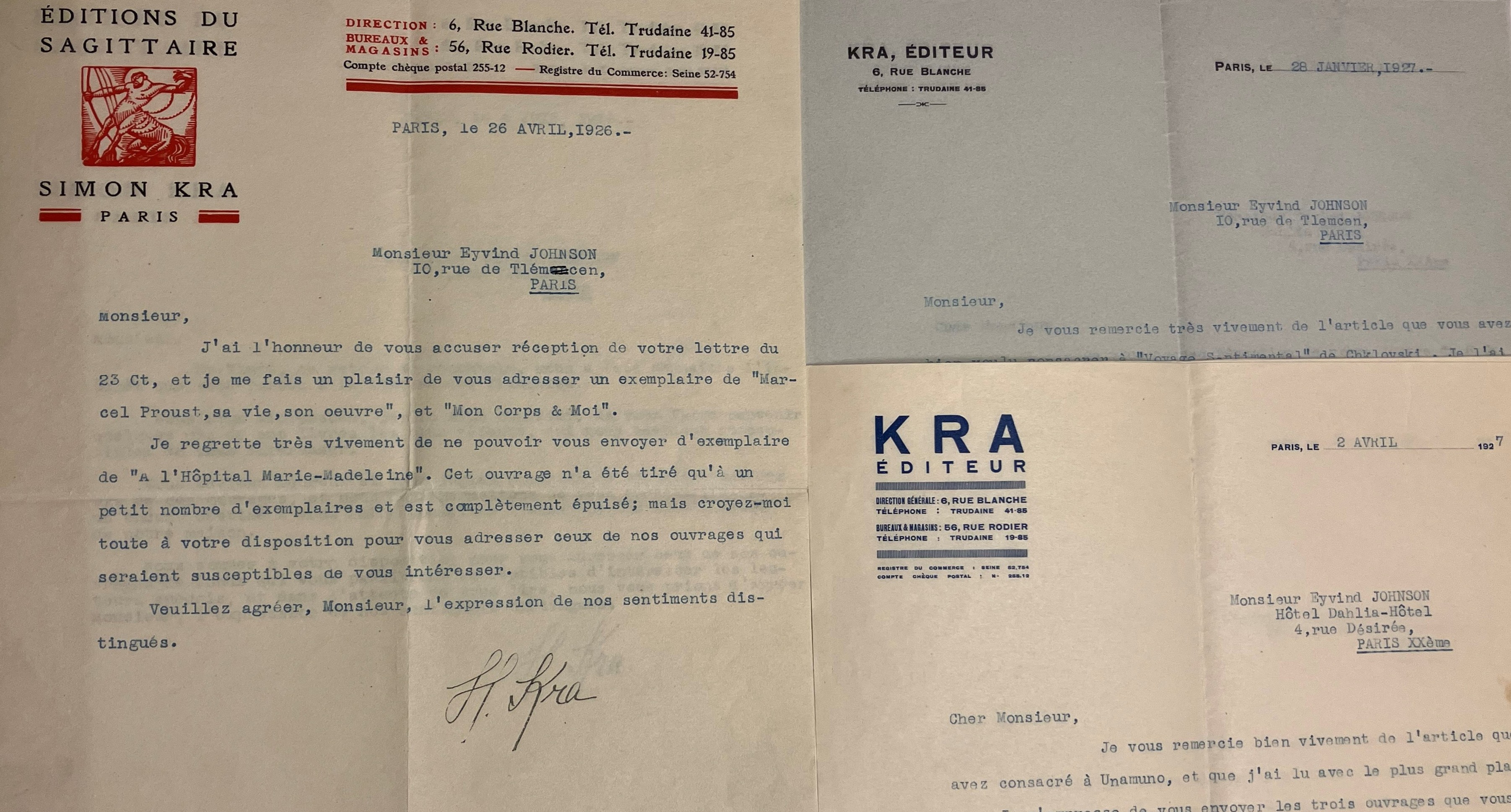 Färgfoto av sidhuvuden och maskinskriven text på tre brev
