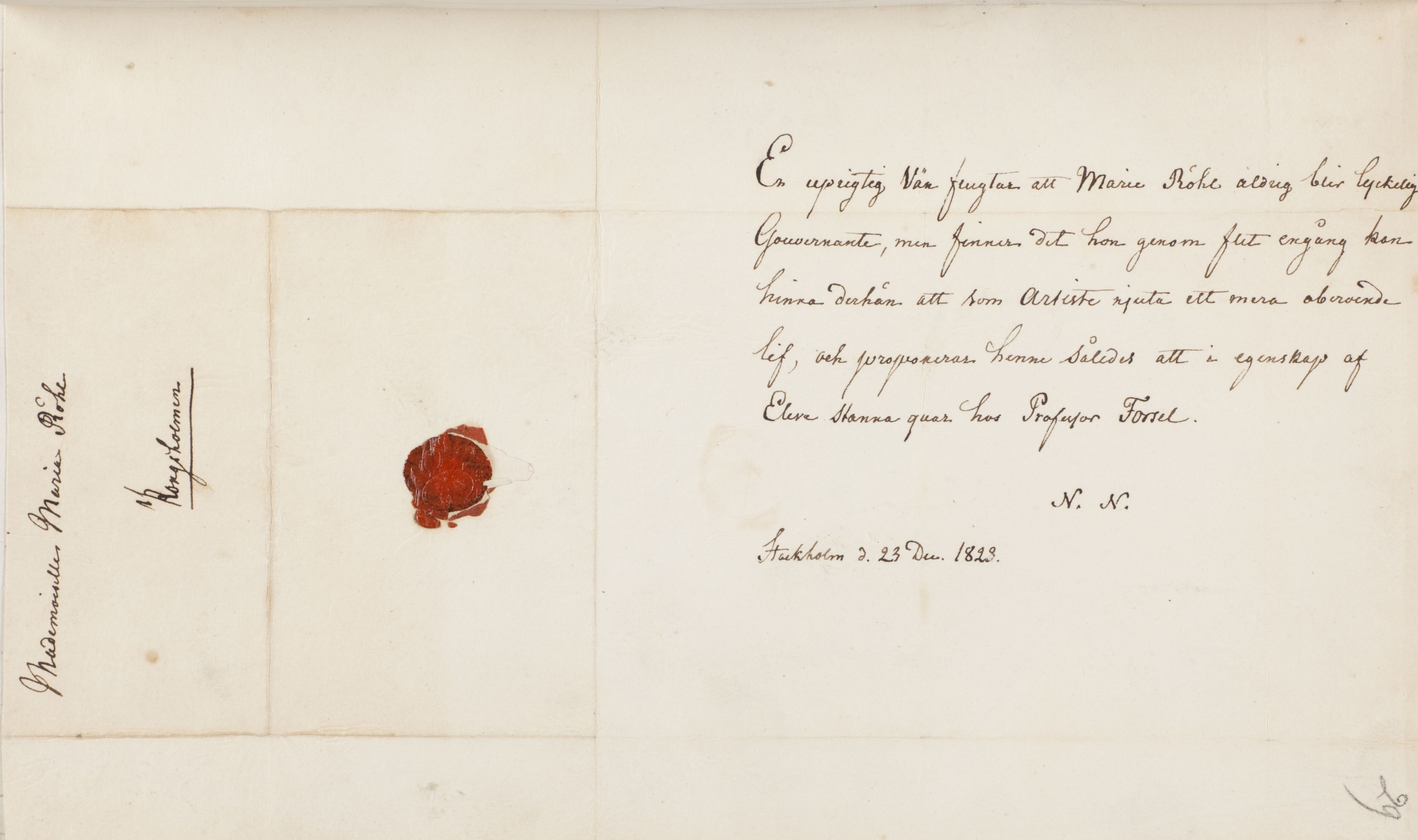 Ett utvikt kort brev skrivet med svart bläck, till vänster sitter ett sigill i röd lack.