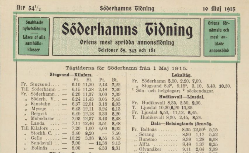 Utsnitt ur tidningssida med rubriken Söderhamns tidning.