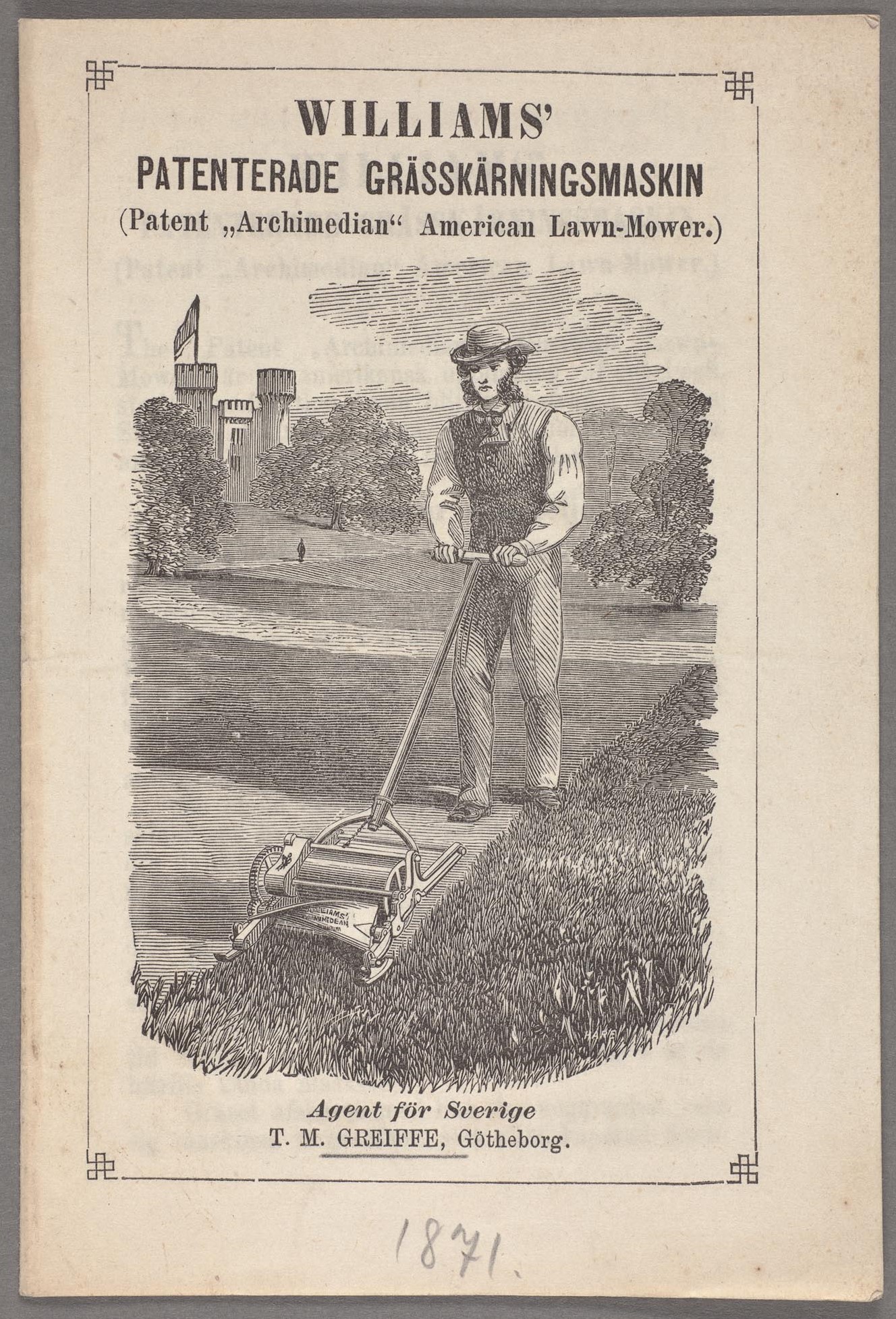 Foto av framsidan på en tryckt reklamfolder med en bild av en man iförd hatt, kravatt och väst som klipper gräs med en ålderdomlig maskin