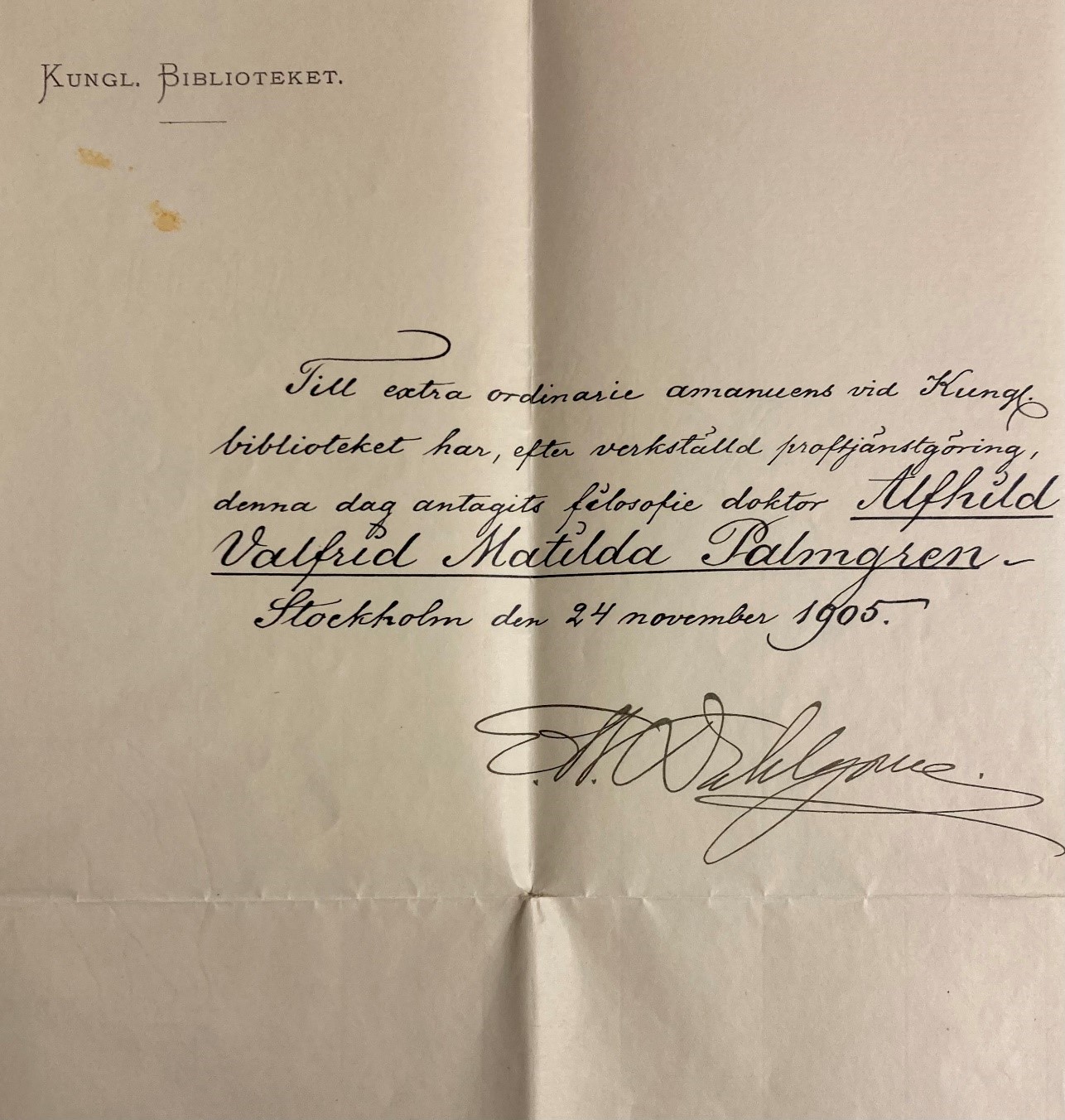 Handskriven text på papper undertecknad med namnteckning