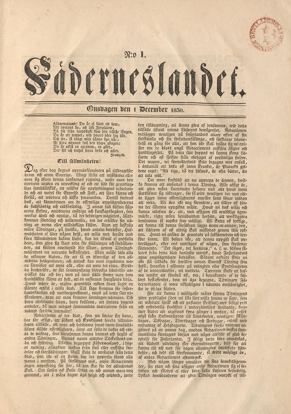 En gulnad tidningssida med text i två spalter och titeln Fäderneslandet. Texten är skriven i frakturstil.
