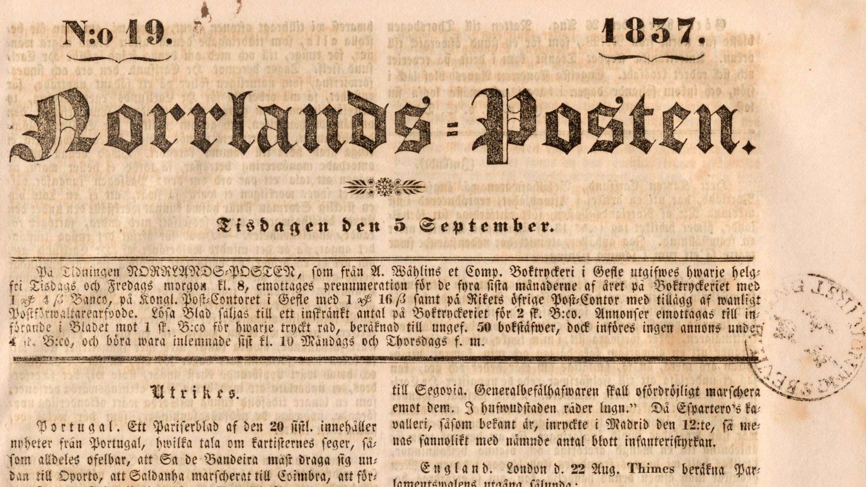 En gulnad dagstidningssida med texten "Norrlands-posten".