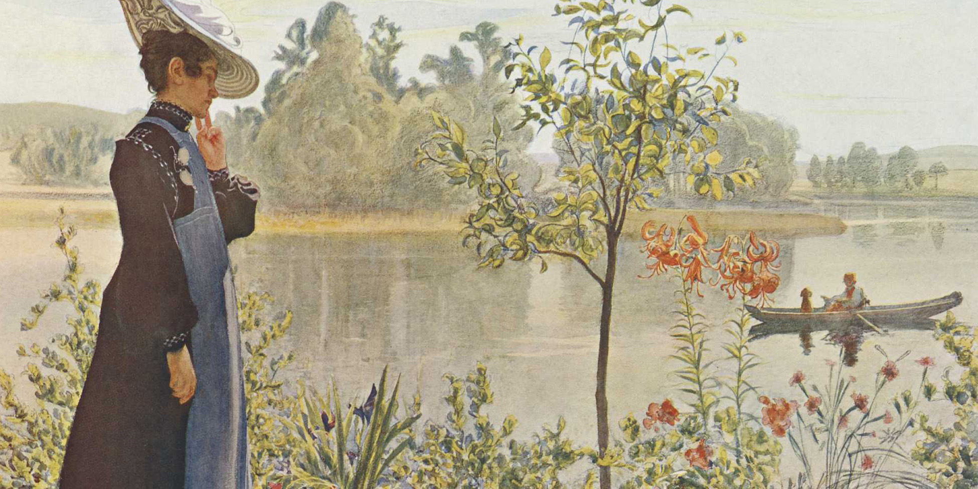 Målning av en kvinna som står framför en sjö på sommaren.