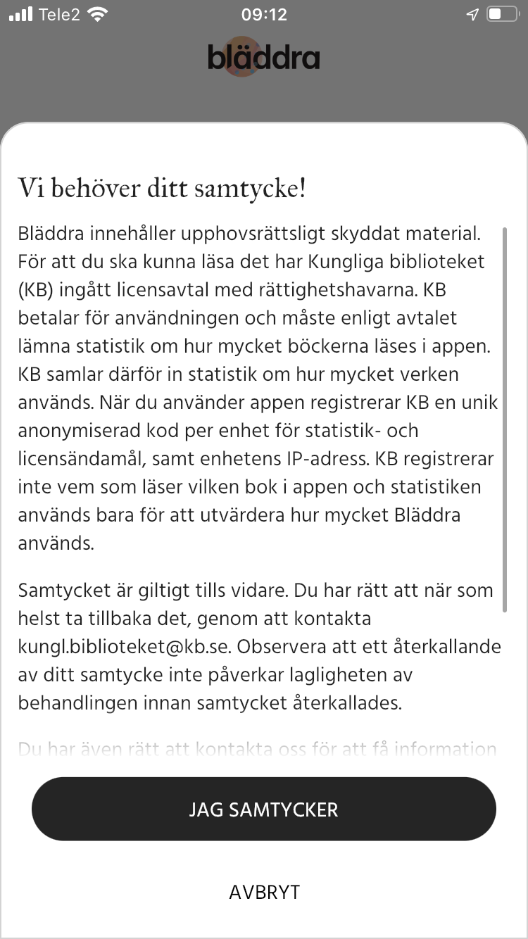 En vy från appen Bläddra med information och en knapp där det står "Jag samtycker".