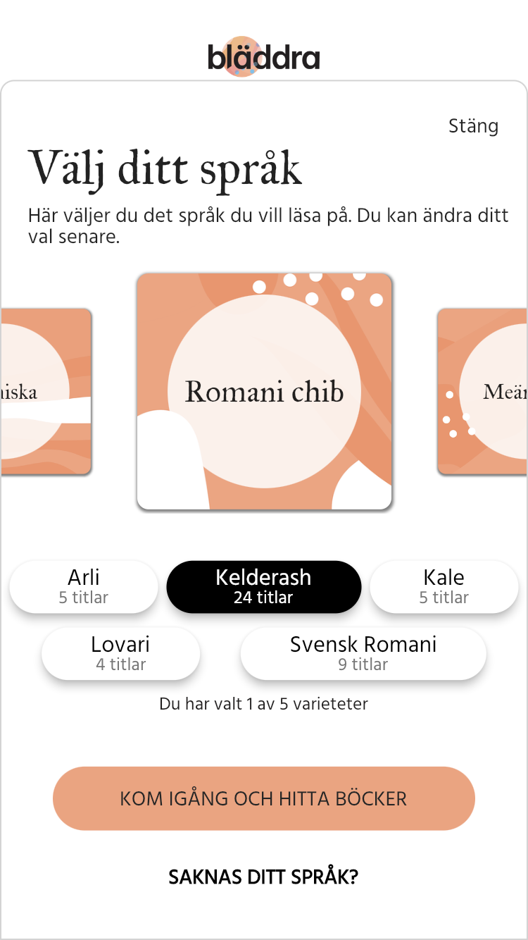 Texten "Romani chib" på en orange platta i Bläddras språkväljare. Under den finns olika varieteter av språket.