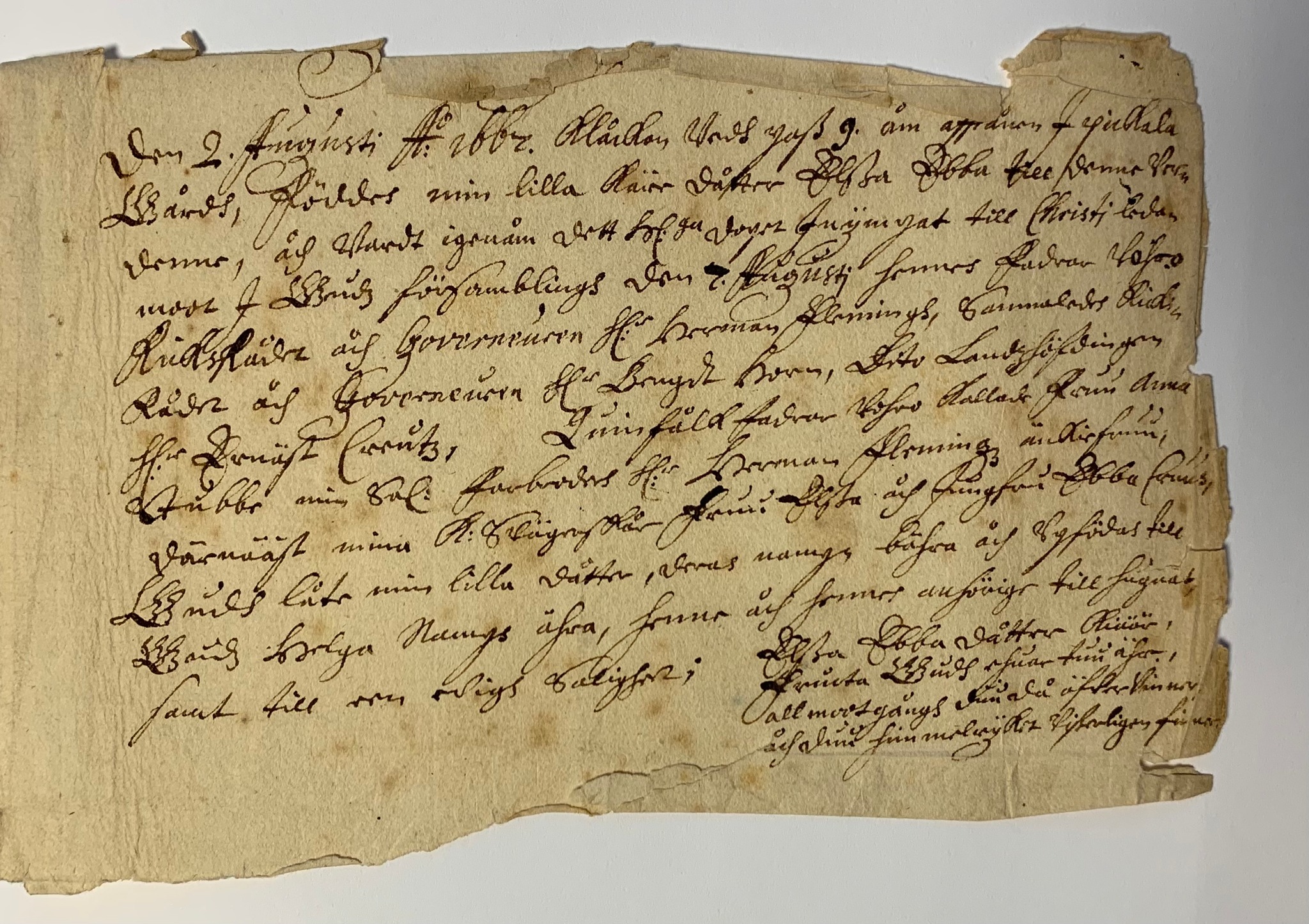 Handskrift från 1600-talet med notiser om Elsa Ebba Fleming.