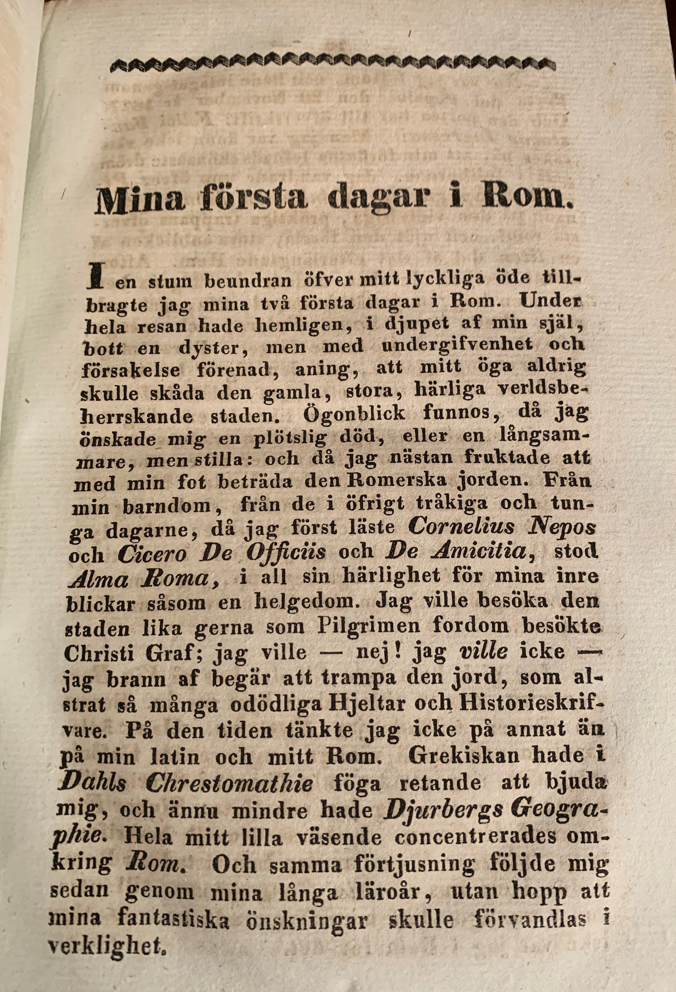 En tryckt sida ur Karl August Nicanders bok Minnen från södern med rubriken Mina första dagar i Rom.