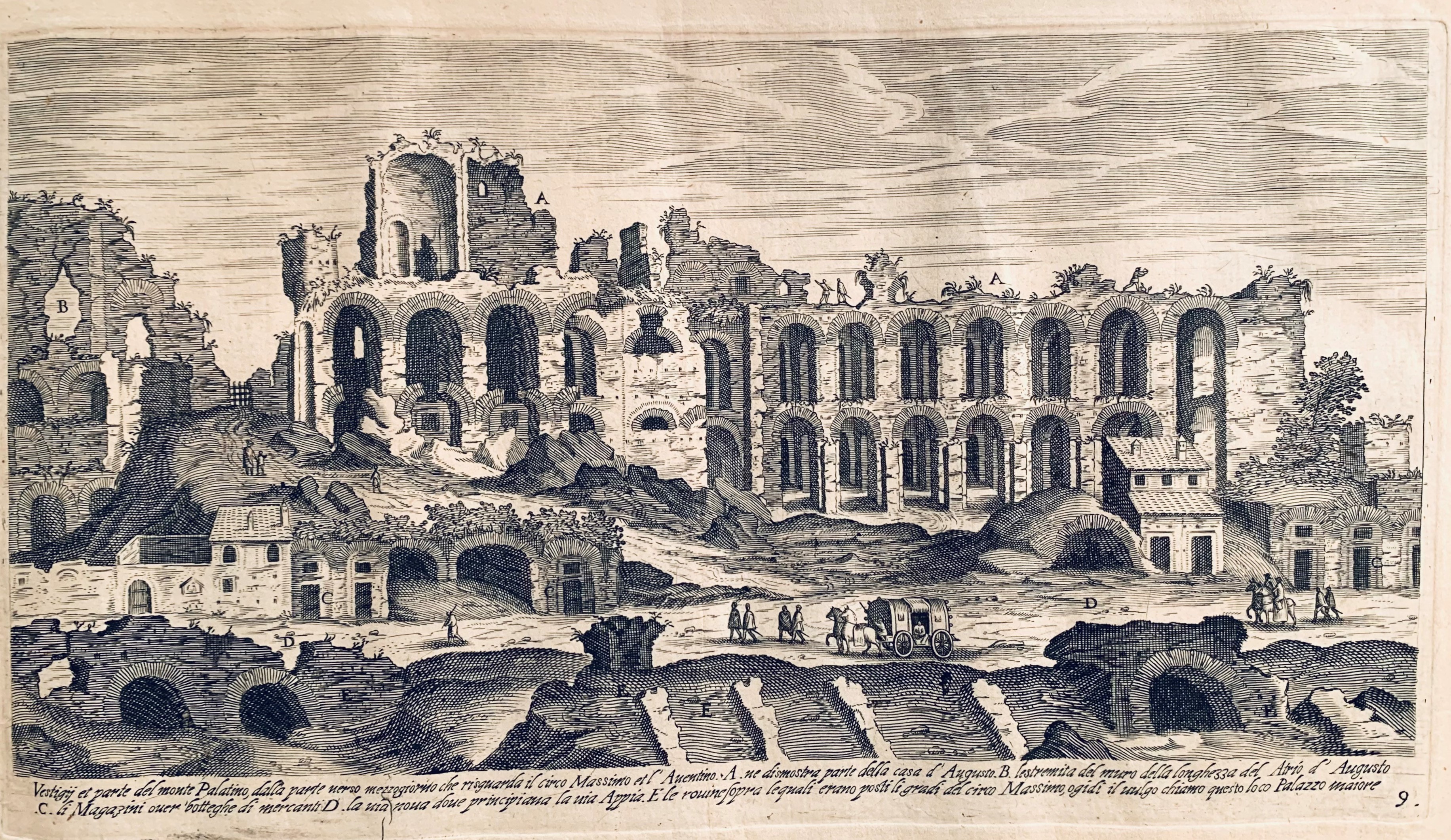 Svartvit gravyr med ruiner och pelare vid Palatinen i Rom.