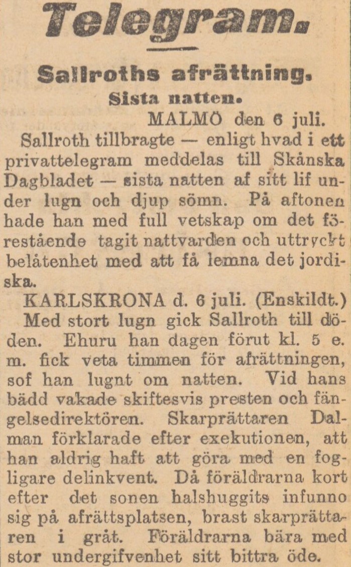 Gulnat tidningsklipp Text: Sallroths afrättning. Sista natten.