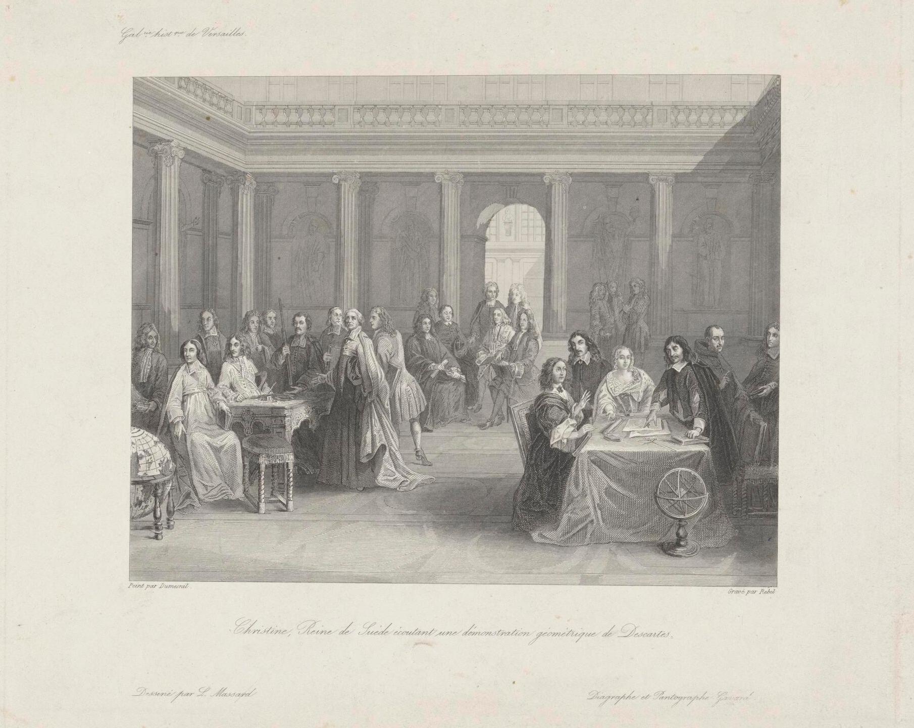 Svartvit gravyr som föreställer en stor pelarsal där drottning Kristina sitter vid ett bord och lyssnar på en stående René Descartes. Runtom dem sitter och står flera grupper med hovmän och katolska kyrkomän och hovmän.