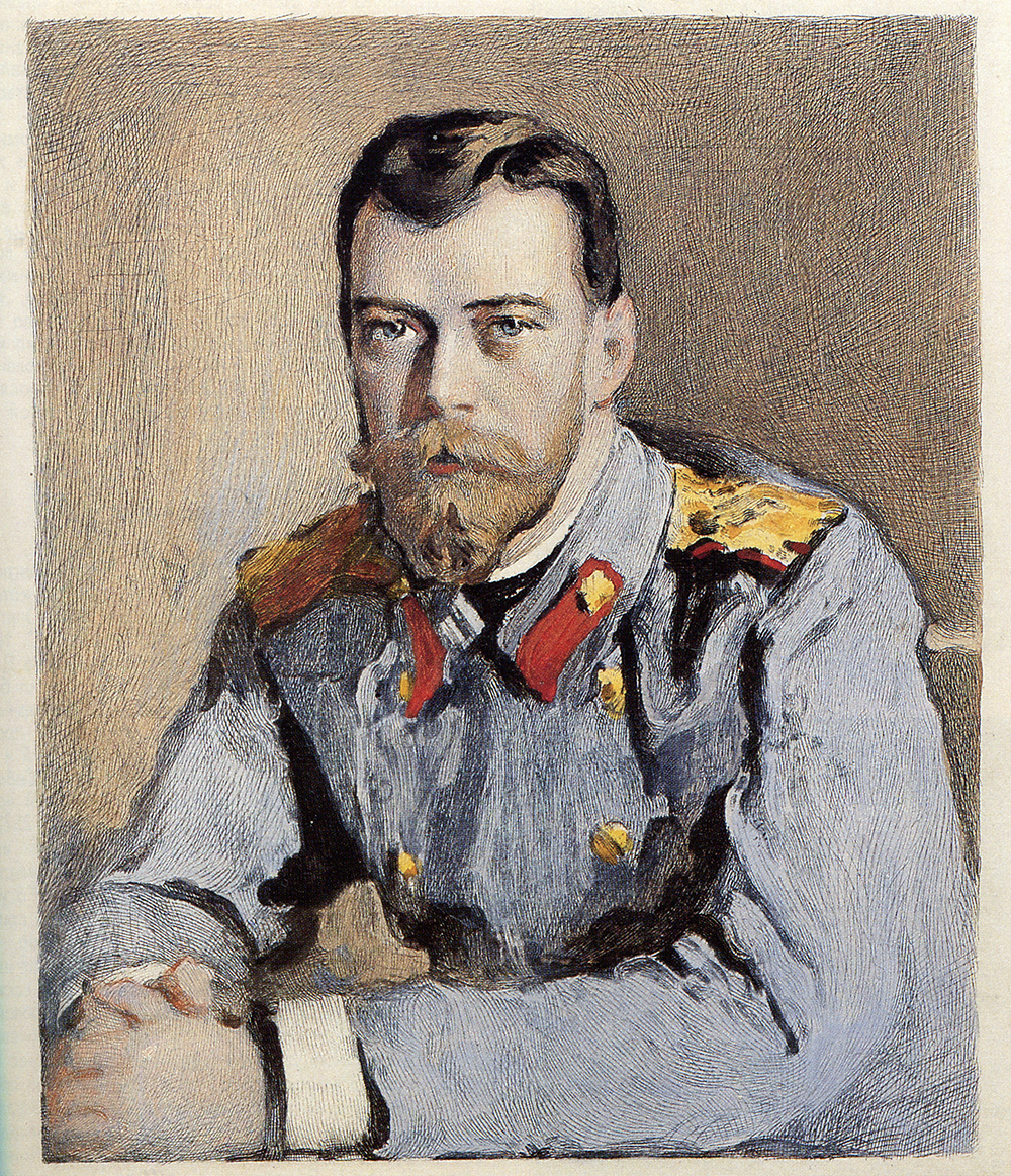 Målning av en man, i skägg och stor mustasch och grå uniformsjacka, som sitter lutad över ett bord. Han tittar rakt mot betraktaren.