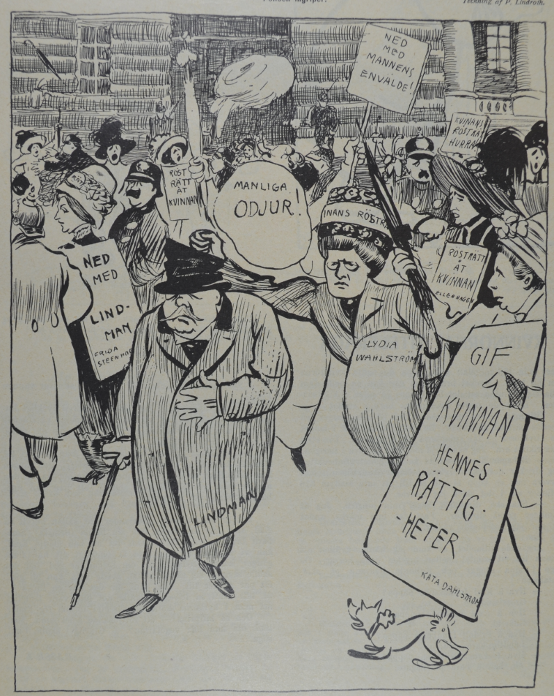 Satirteckning i svartvitt från 1911 av rösträttskvinnor med stora hattar och plakat där det står: ”Gif kvinnan hennes rättigheter”, ”Rösträtt åt kvinnan” och ”Ned med Lindman”. En av kvinnorna, Lydia Wahlström, slår sin näve i huvudet på statsministern Arvid Lindman.