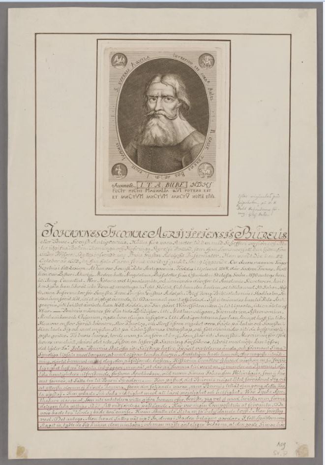Svartvit teckning av en man med mustasch och långt skägg. Under bilden finns en handskriven text.