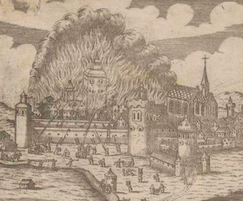 Gravyr av slottsbranden 1697.