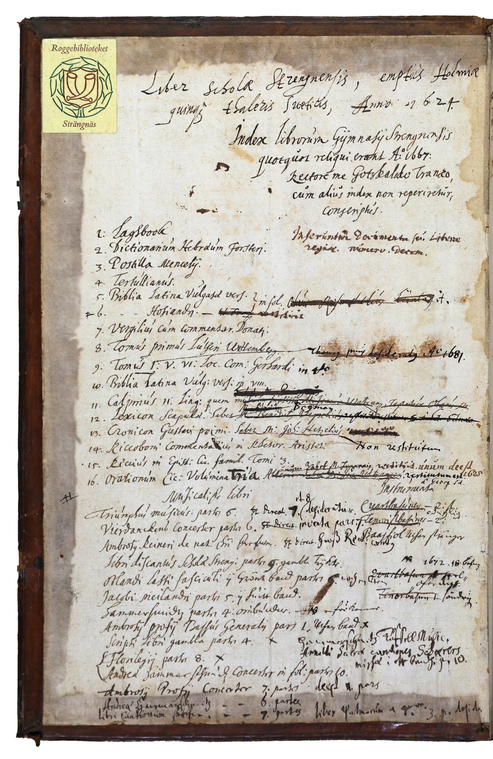 Förteckning över Strängnäs gymnasiums böcker 1667 på insidan av en bokpärm.