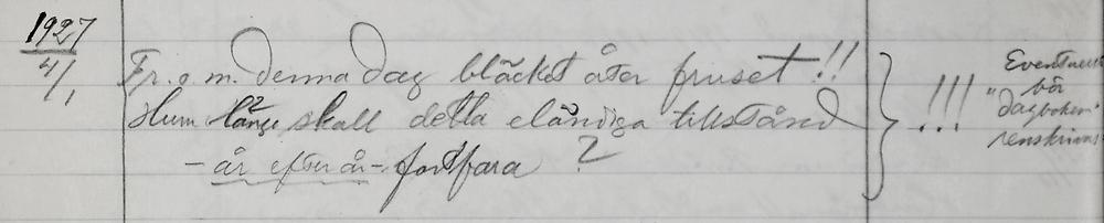 Handskriven dagboksanteckning av bibliotekarien i Roggebiblioteket den 4 januari 1927